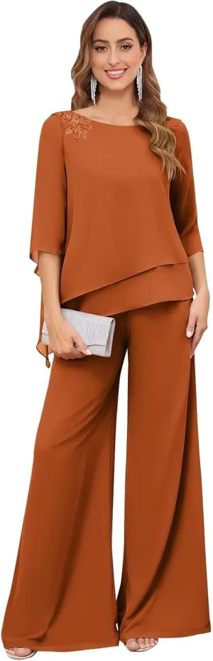 2 Pieces Mother of The Bride Pant Suits for Wedding Dressy Chiffon Lace Sequin Formal Wedding Guest Outfit