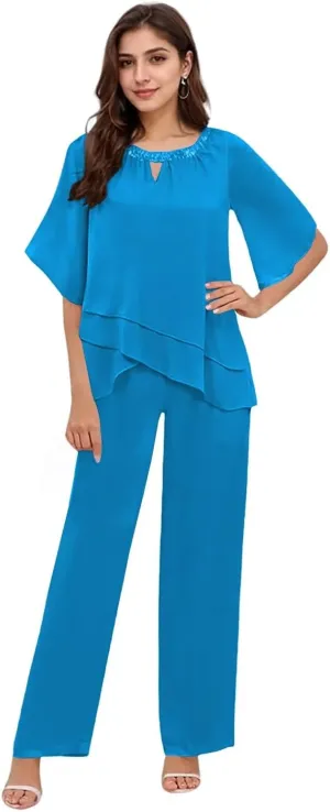 2 Pieces Mother of The Bride Pant Suits for Women Dressy Chiffon Pant Suits for Women Dressy Wedding Guest