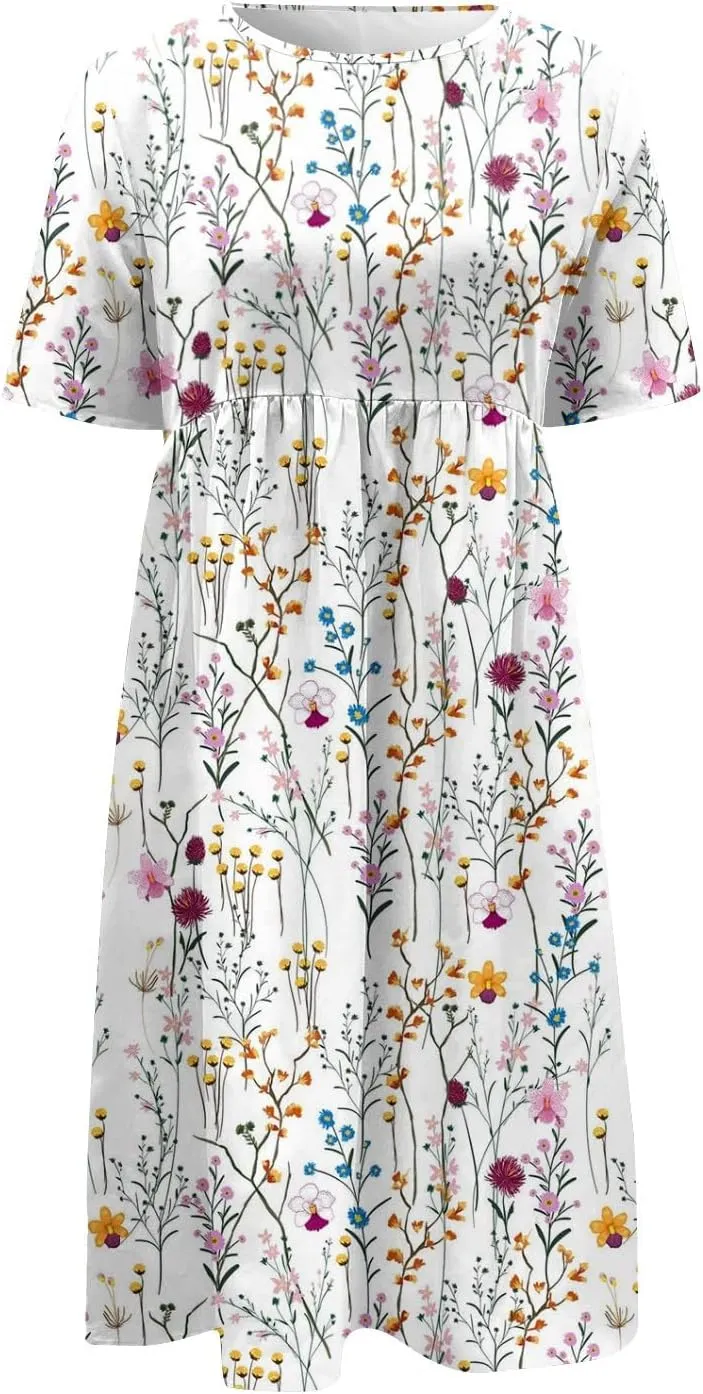 2024 Summer Pleated Dress Women's O Neck Loose Dresses Midi Daily Classic Womens Short-Sleeve Fashion Dresses