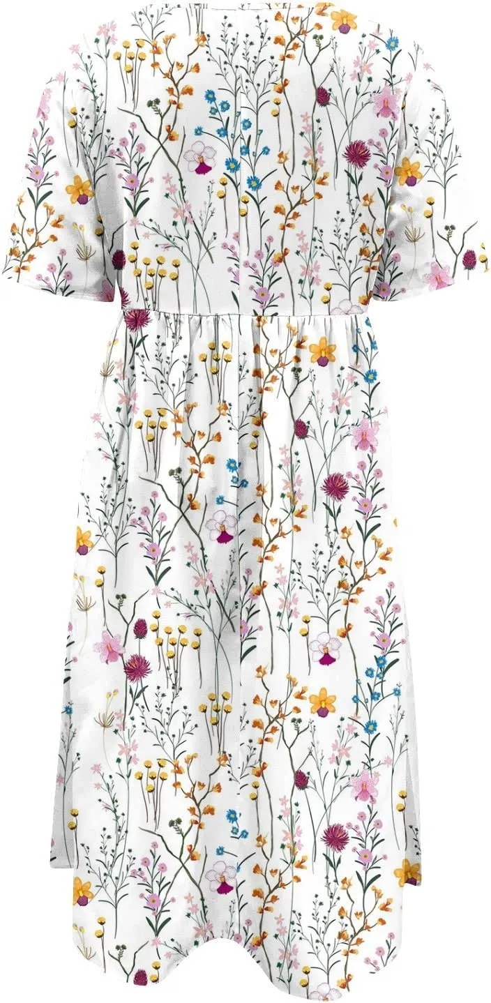 2024 Summer Pleated Dress Women's O Neck Loose Dresses Midi Daily Classic Womens Short-Sleeve Fashion Dresses