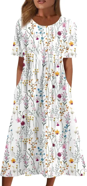 2024 Summer Pleated Dress Women's O Neck Loose Dresses Midi Daily Classic Womens Short-Sleeve Fashion Dresses