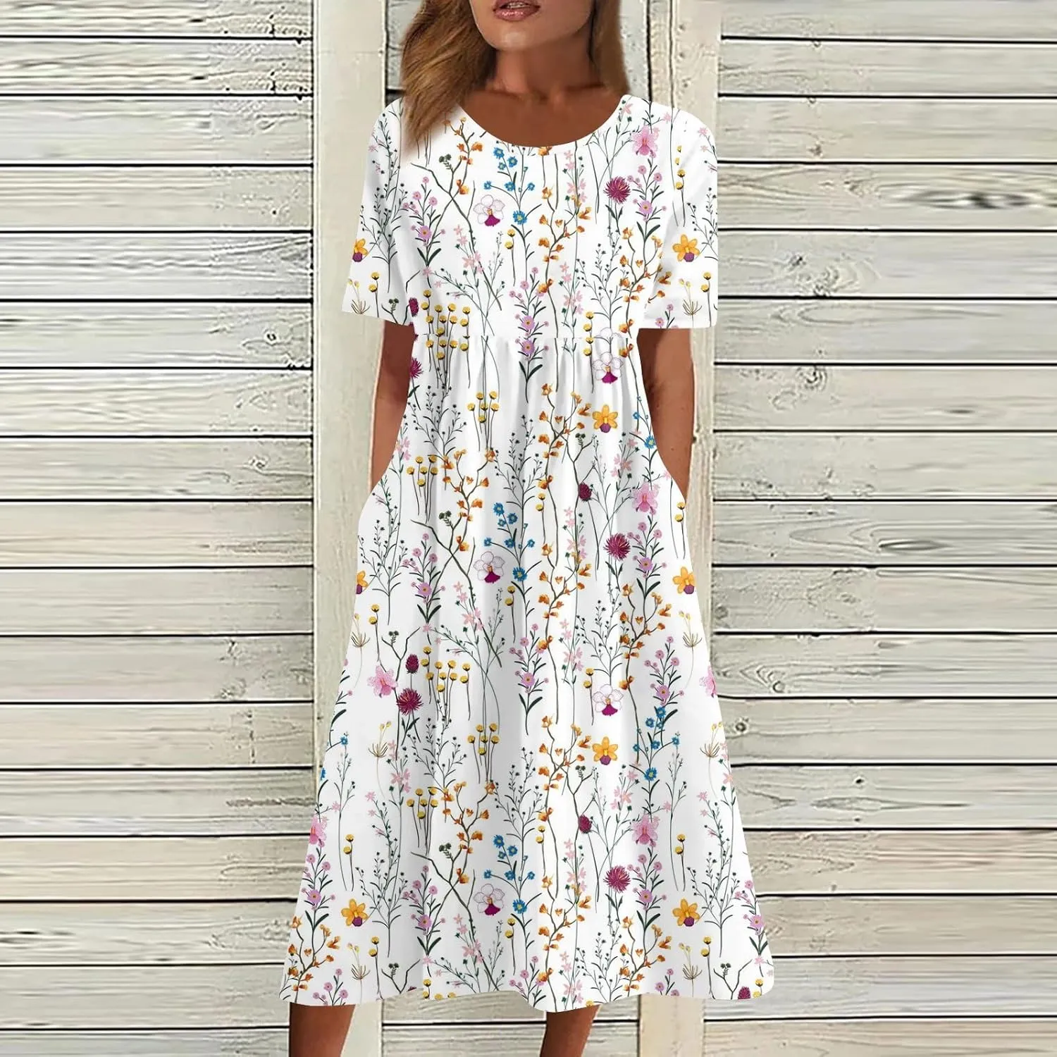 2024 Summer Pleated Dress Women's O Neck Loose Dresses Midi Daily Classic Womens Short-Sleeve Fashion Dresses