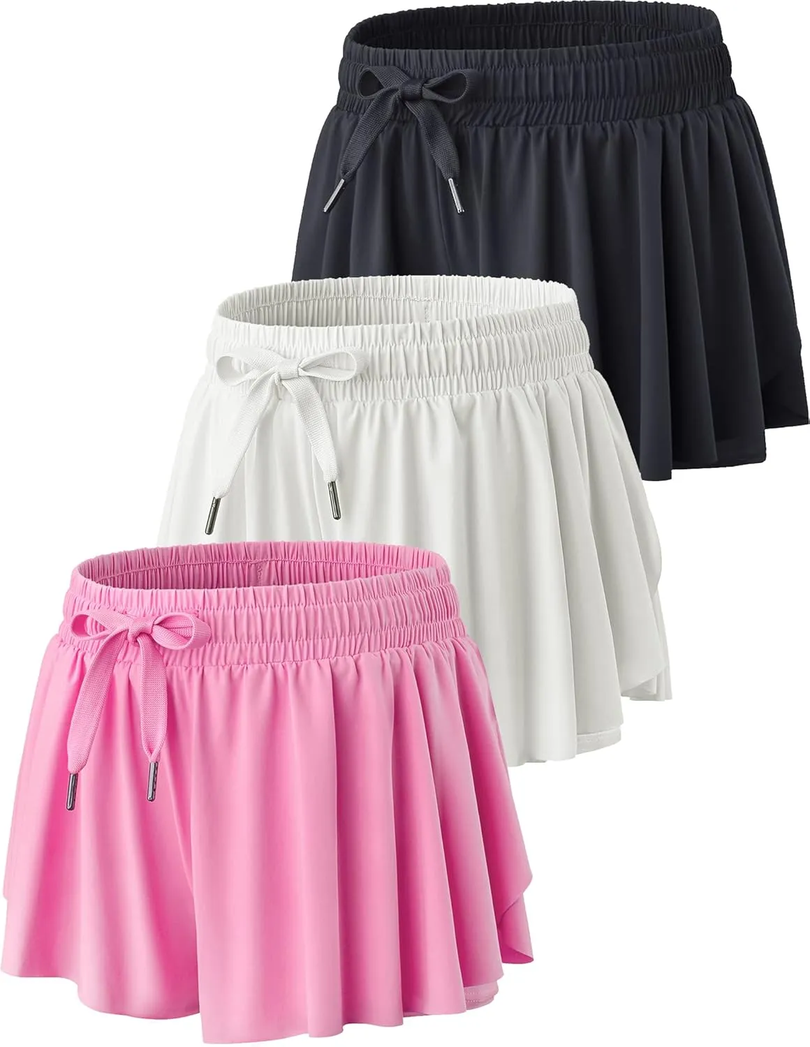3 Pack Girls Flowy Shorts with Spandex Liner 2-in-1 Youth Butterfly Skirts for Fitness, Running, Sports