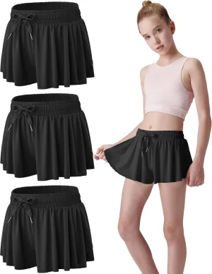 3 Pack Girls Flowy Shorts with Spandex Liner 2-in-1 Youth Butterfly Skirts for Fitness, Running, Sports