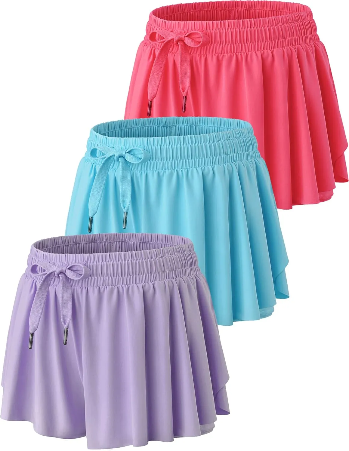 3 Pack Girls Flowy Shorts with Spandex Liner 2-in-1 Youth Butterfly Skirts for Fitness, Running, Sports