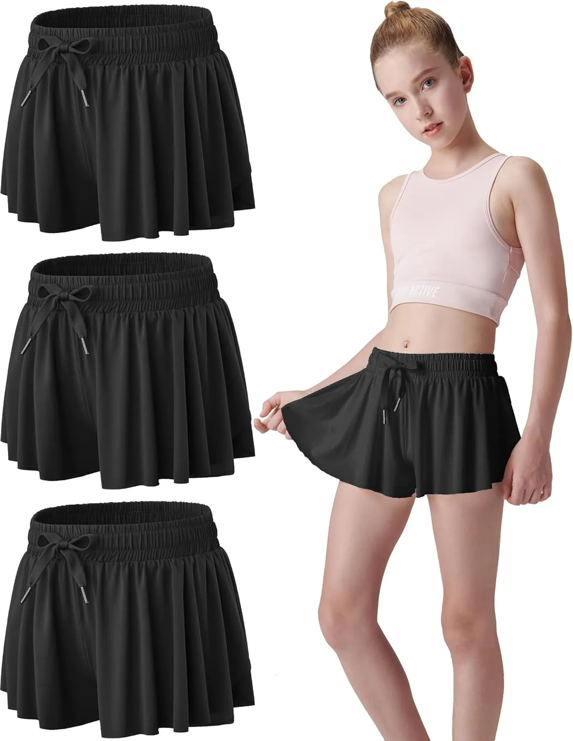 3 Pack Girls Flowy Shorts with Spandex Liner 2-in-1 Youth Butterfly Skirts for Fitness, Running, Sports