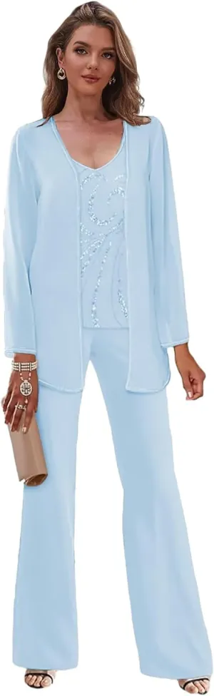 3 Pieces Beaded Mother of The Pant Suits for Wedding with Jacket Chiffon Pantsuits for Women Dressy