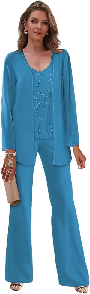 3 Pieces Beaded Mother of The Pant Suits for Wedding with Jacket Chiffon Pantsuits for Women Dressy