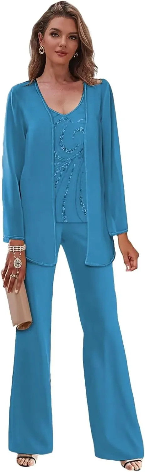 3 Pieces Beaded Mother of The Pant Suits for Wedding with Jacket Chiffon Pantsuits for Women Dressy