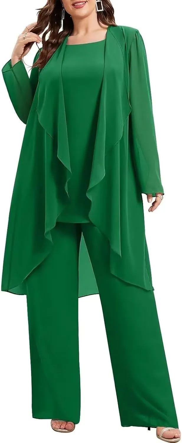 3 Pieces Chiffon Mother of The Bride Pant Suits Plus Size Women Wedding Formal Outfit Set Evening Gown PG30