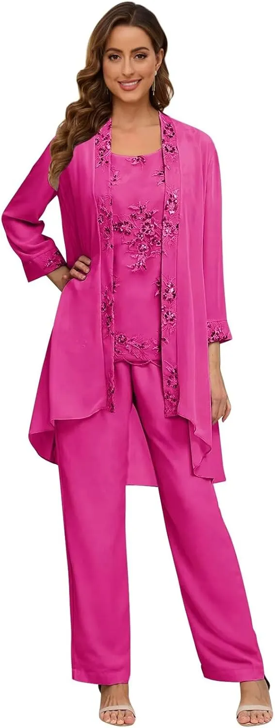 3 Pieces Mother of The Bride Pant Suits with Jacket for Wedding 3/4 Long Sleeve Chiffon Formal Evening Outfits