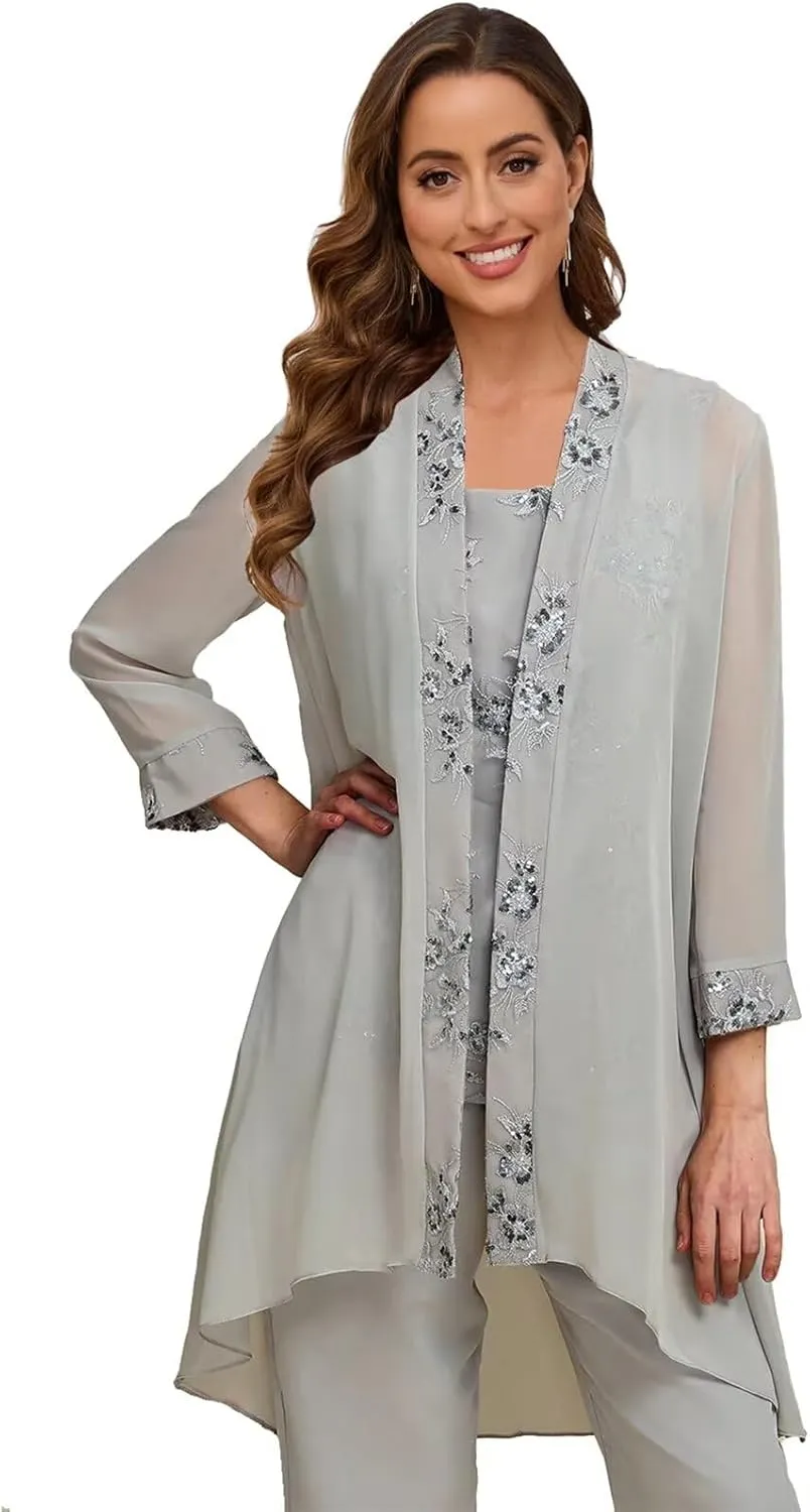 3 Pieces Mother of The Bride Pant Suits with Jacket for Wedding 3/4 Long Sleeve Chiffon Formal Evening Outfits