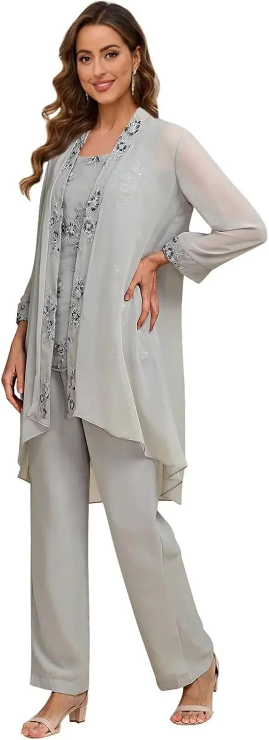 3 Pieces Mother of The Bride Pant Suits with Jacket for Wedding 3/4 Long Sleeve Chiffon Formal Evening Outfits