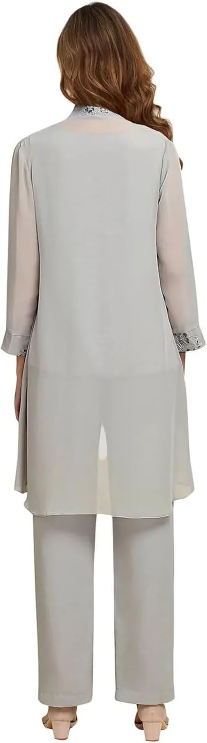 3 Pieces Mother of The Bride Pant Suits with Jacket for Wedding 3/4 Long Sleeve Chiffon Formal Evening Outfits