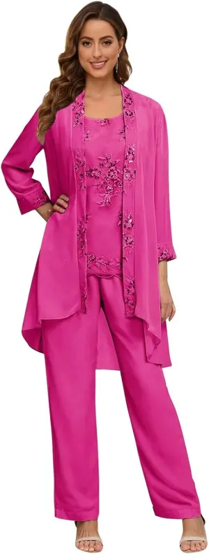 3 Pieces Mother of The Bride Pant Suits with Jacket for Wedding 3/4 Long Sleeve Chiffon Formal Evening Outfits