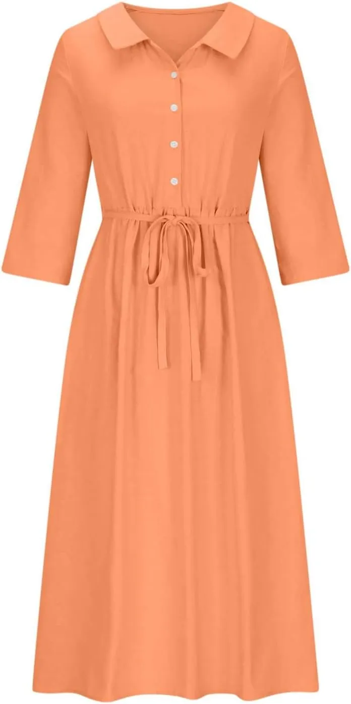 3/4 Sleeve Cotton Dresses for Women Casual Summer Button Down Floral Dress Beach Vacation Dresses Ruffle Floral