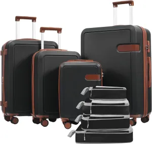 4 Piece Luggage Set for Travel, Lightweight with Compression Packing Cubes, Expandable Spinner Wheels, Brown & Black