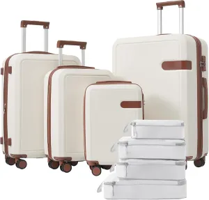 4 Piece Luggage Set with Compression Packing Cubes, Expandable Spinner Wheels, Lightweight Design, Brown and White