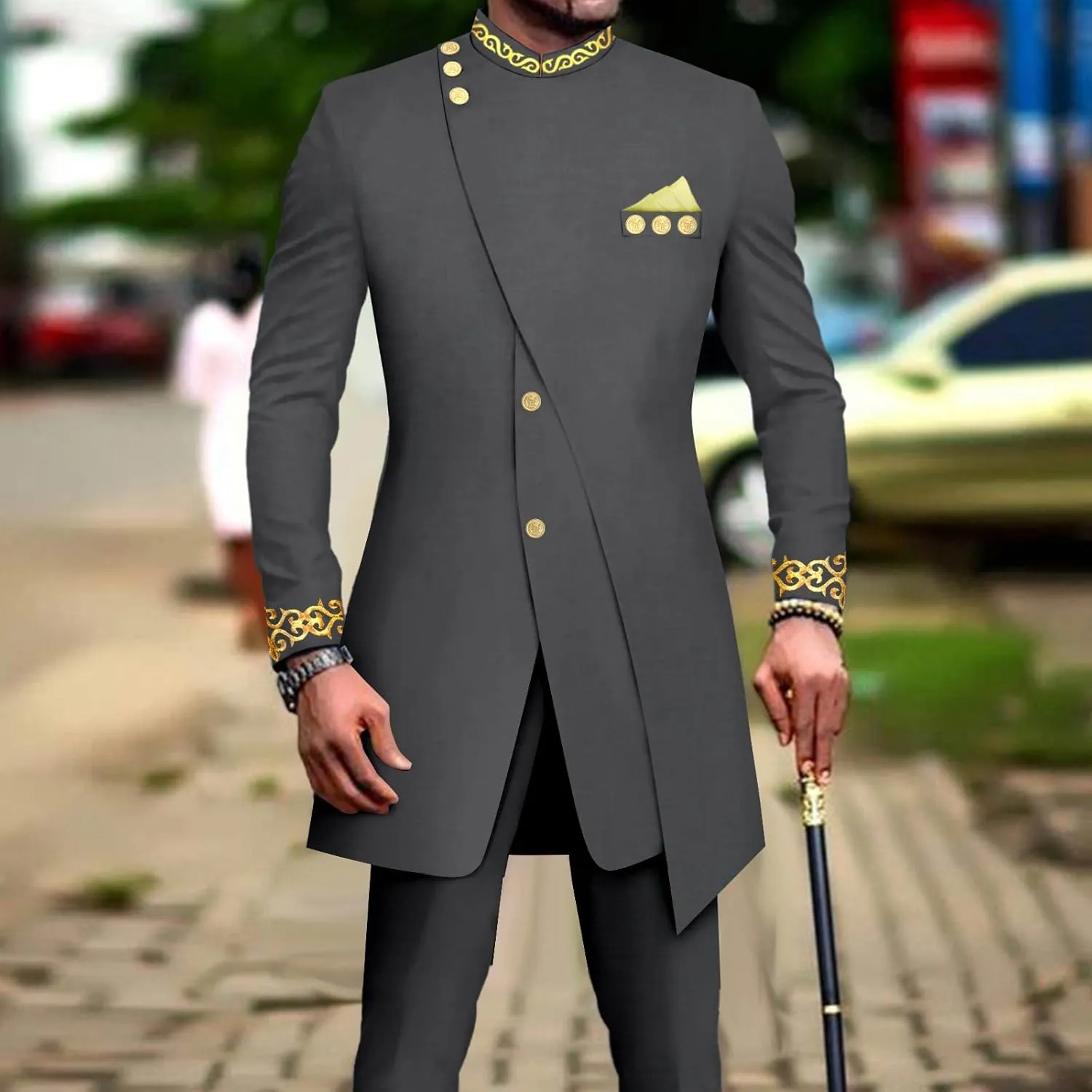 African Suits for Men Slim Fit Embroidery Blazer and Pants Set Business Dress Suit Party Wedding Evening