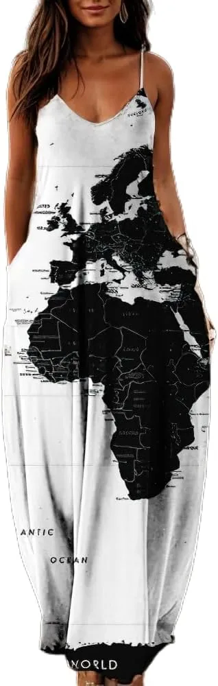 Akivide Plus Size African Print Dresses for Women Summer Casual Loose Sleeveless Sundresses Maxi Dresses with Pockets