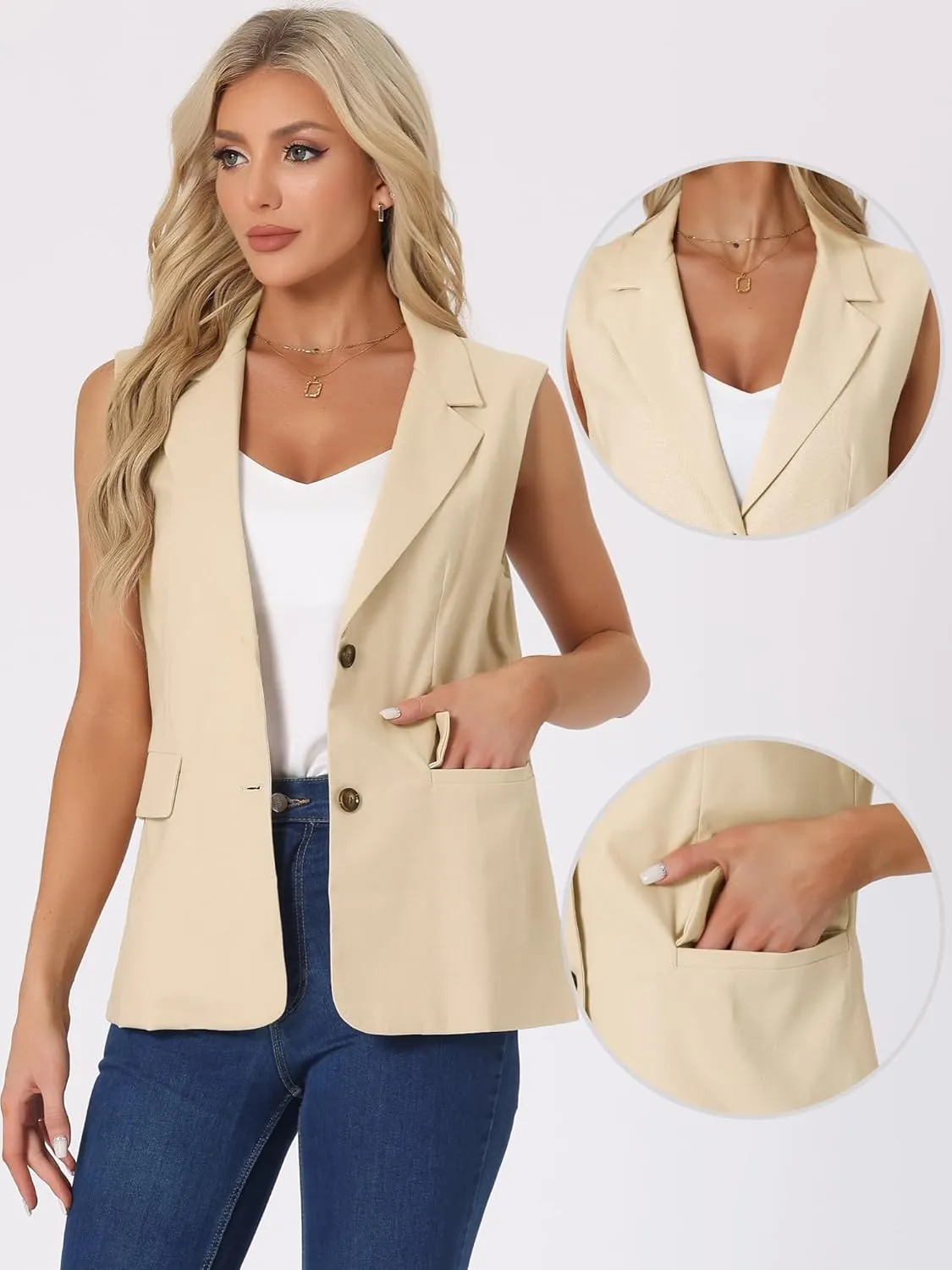 Allegra K Casual Sleeveless Blazer Vest for Women's Spring Summer Cotton Linen Work Office Suit Vest Jacket