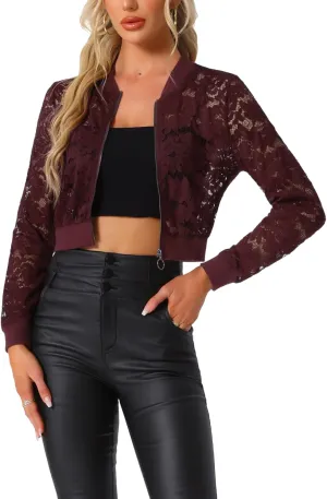 Allegra K Women's Crop Jacket Stand Collar Zip Up Sexy Sheer Gothic Lace Lightweight Baseball Jacket