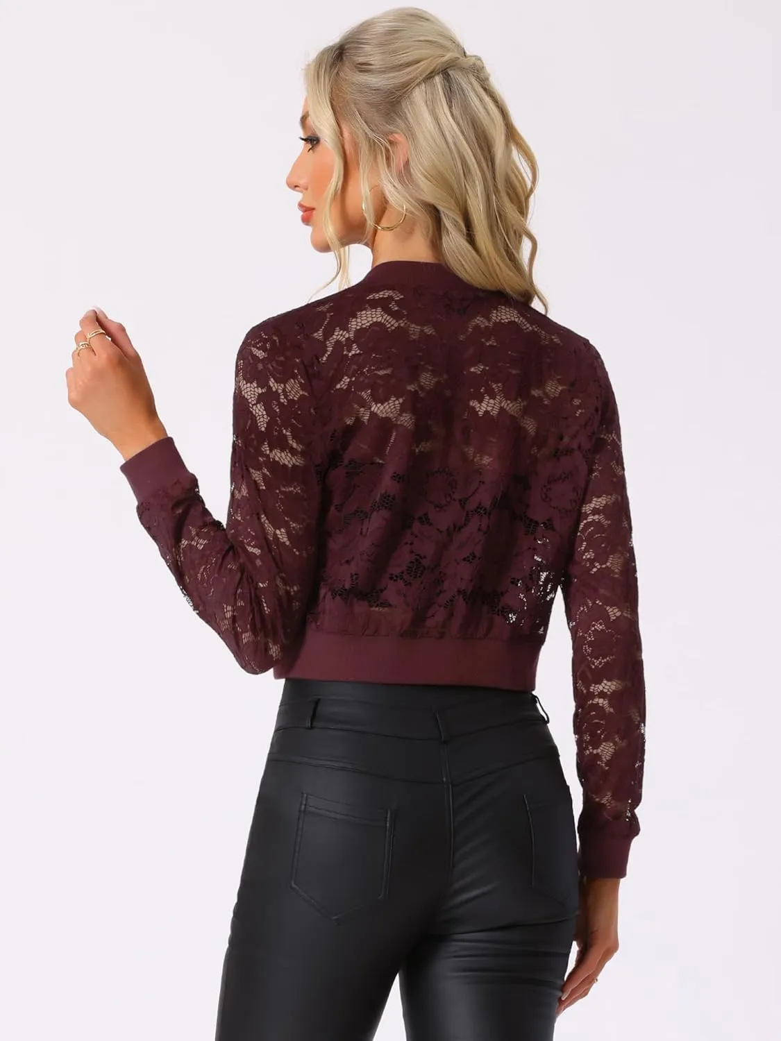Allegra K Women's Crop Jacket Stand Collar Zip Up Sexy Sheer Gothic Lace Lightweight Baseball Jacket