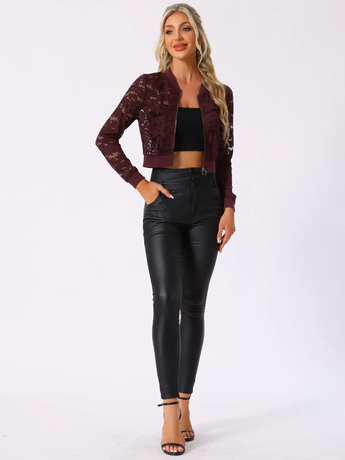 Allegra K Women's Crop Jacket Stand Collar Zip Up Sexy Sheer Gothic Lace Lightweight Baseball Jacket