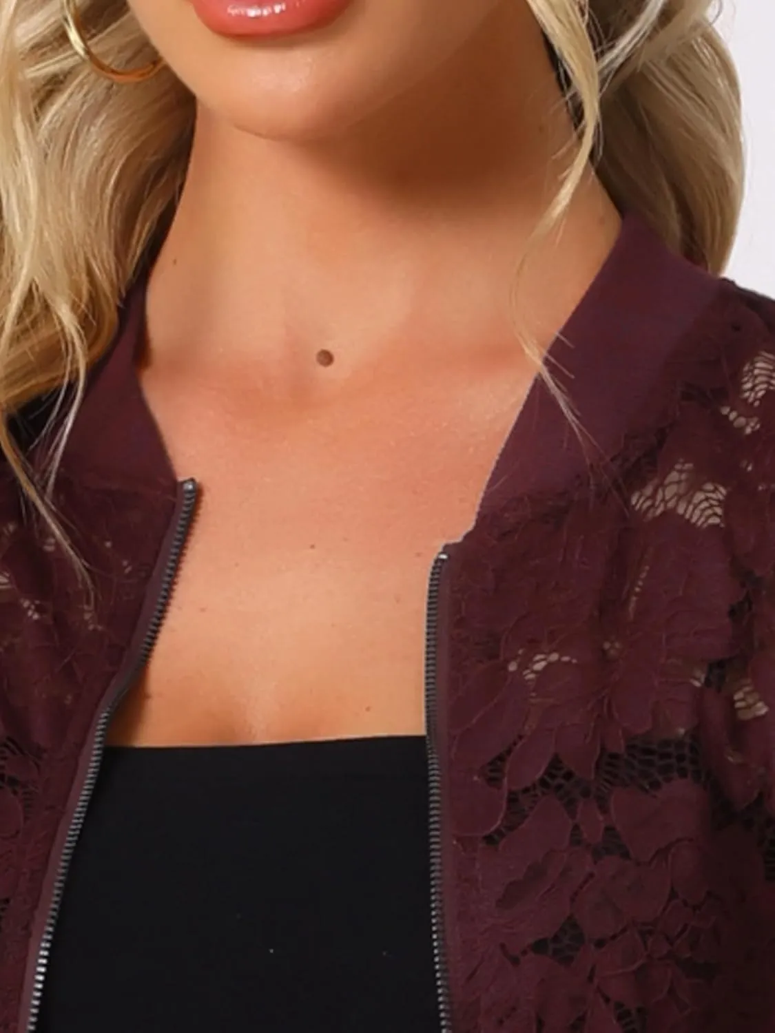 Allegra K Women's Crop Jacket Stand Collar Zip Up Sexy Sheer Gothic Lace Lightweight Baseball Jacket