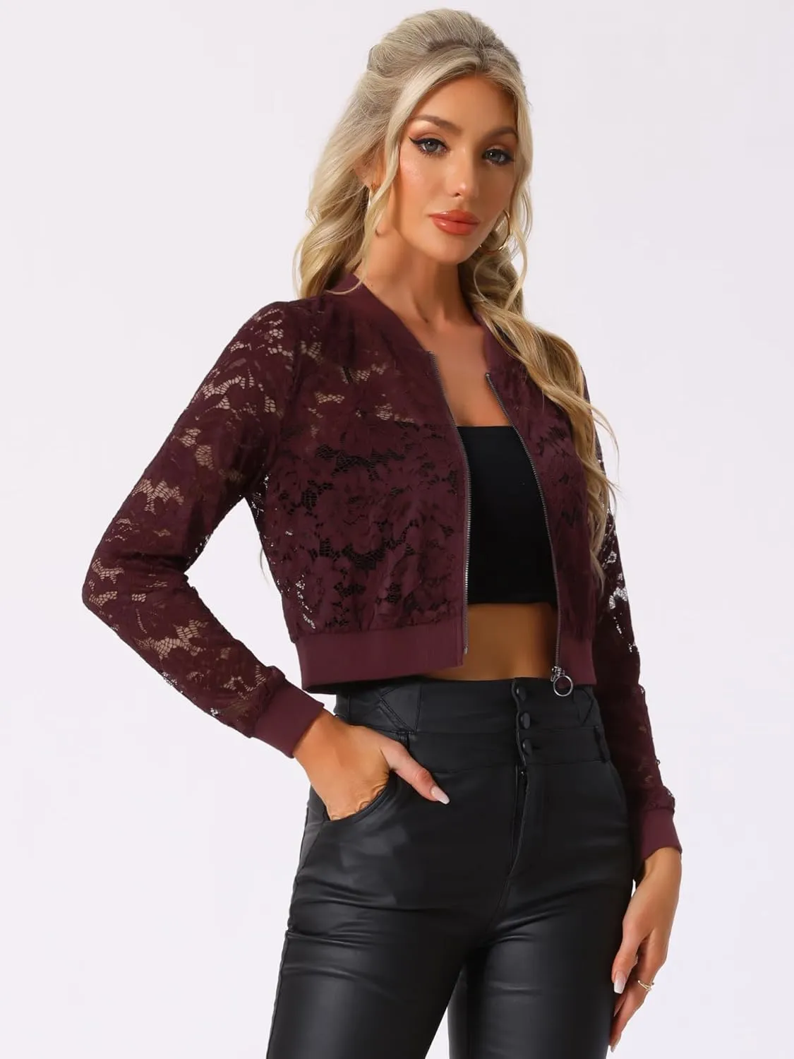 Allegra K Women's Crop Jacket Stand Collar Zip Up Sexy Sheer Gothic Lace Lightweight Baseball Jacket