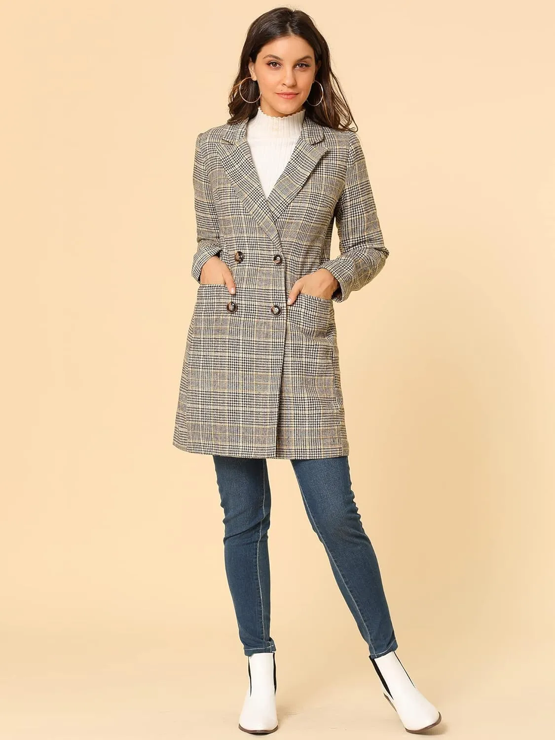 Allegra K Women's Double Breasted Notched Lapel Plaid Trench Blazer Coat