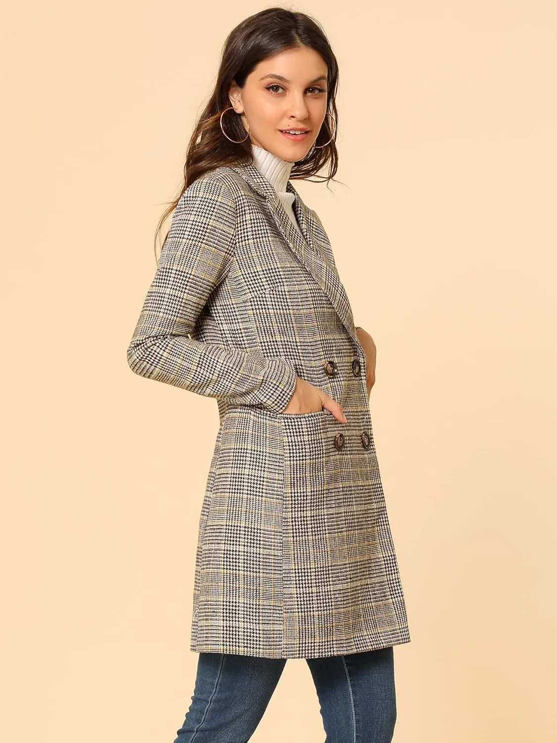 Allegra K Women's Double Breasted Notched Lapel Plaid Trench Blazer Coat