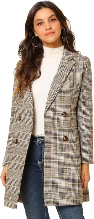 Allegra K Women's Double Breasted Notched Lapel Plaid Trench Blazer Coat