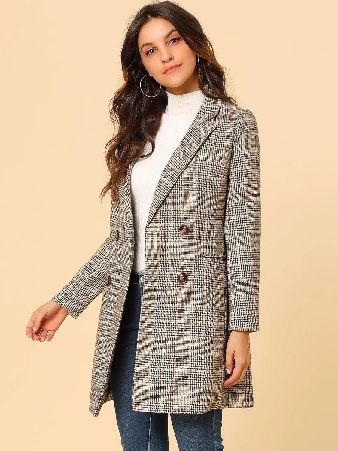 Allegra K Women's Double Breasted Notched Lapel Plaid Trench Blazer Coat