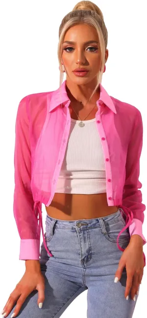 Allegra K Women's See Through Top Long Sleeve Drawstring Hem Button Down Cropped Mesh Sheer Jacket