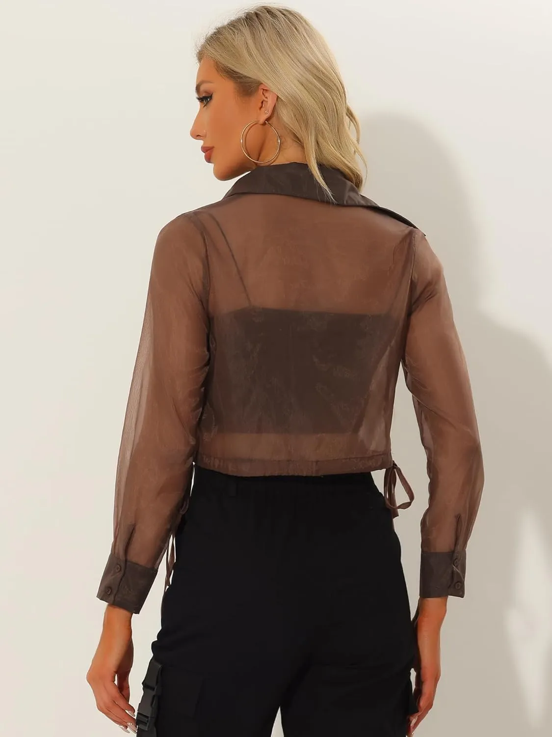 Allegra K Women's See Through Top Long Sleeve Drawstring Hem Button Down Cropped Mesh Sheer Jacket
