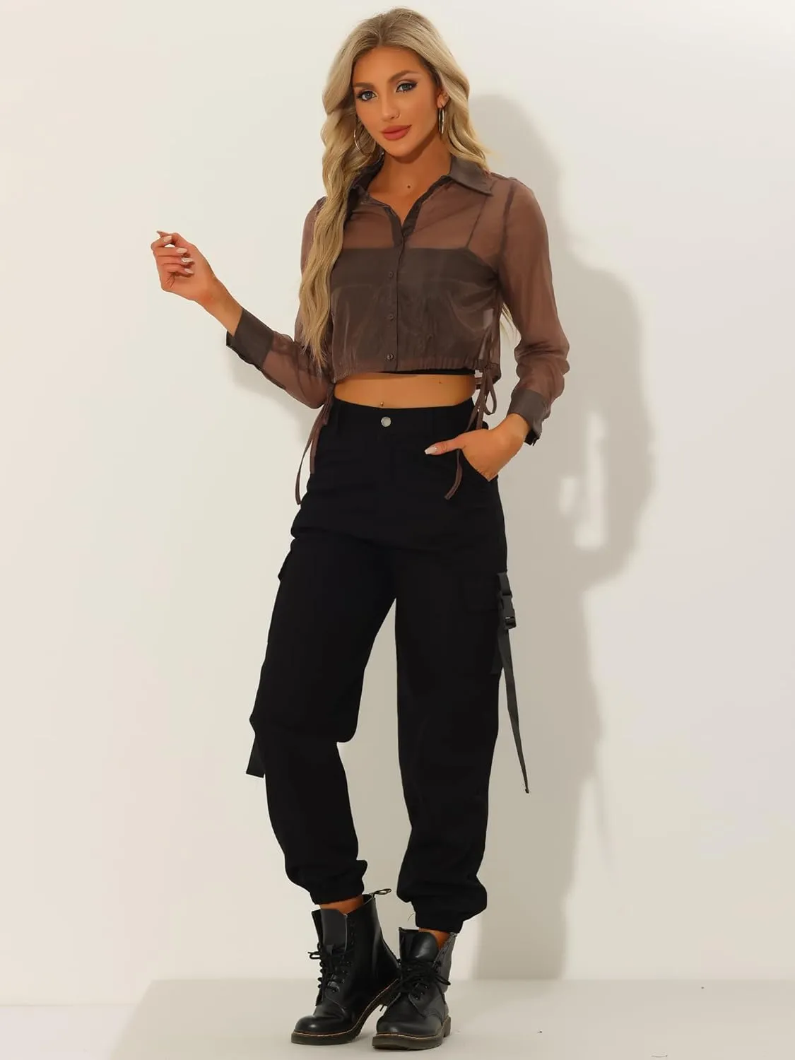 Allegra K Women's See Through Top Long Sleeve Drawstring Hem Button Down Cropped Mesh Sheer Jacket