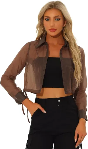 Allegra K Women's See Through Top Long Sleeve Drawstring Hem Button Down Cropped Mesh Sheer Jacket