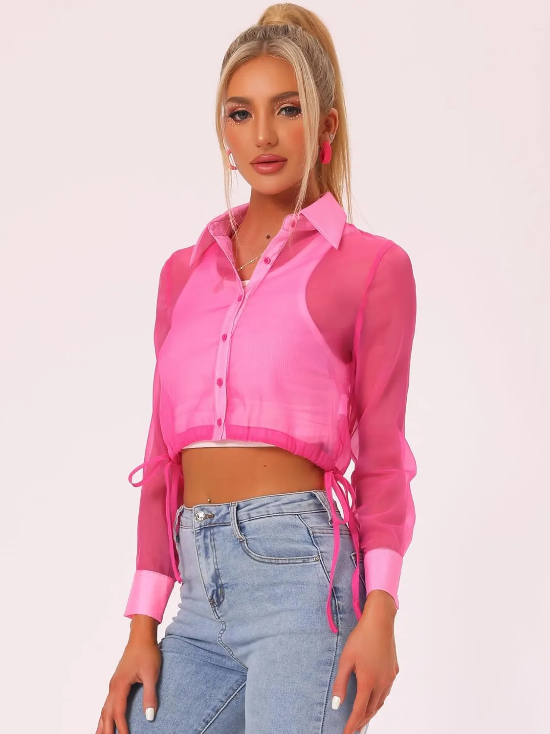 Allegra K Women's See Through Top Long Sleeve Drawstring Hem Button Down Cropped Mesh Sheer Jacket