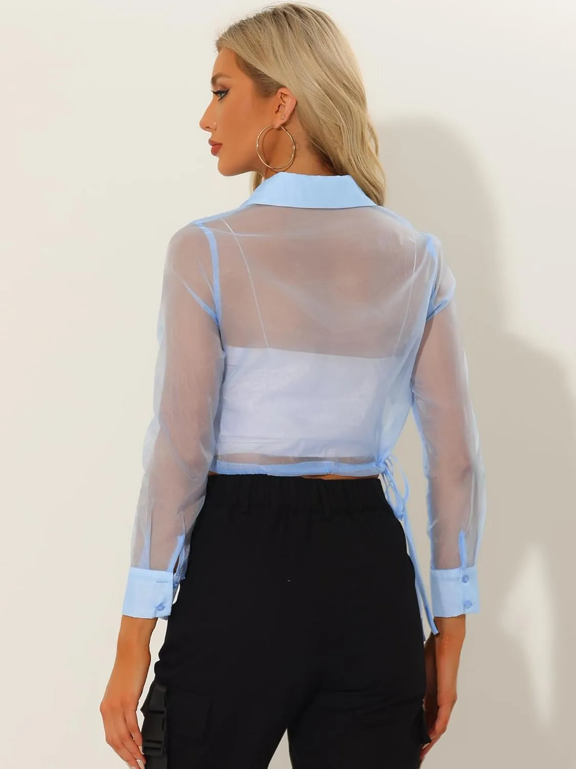 Allegra K Women's See Through Top Long Sleeve Drawstring Hem Button Down Cropped Mesh Sheer Jacket