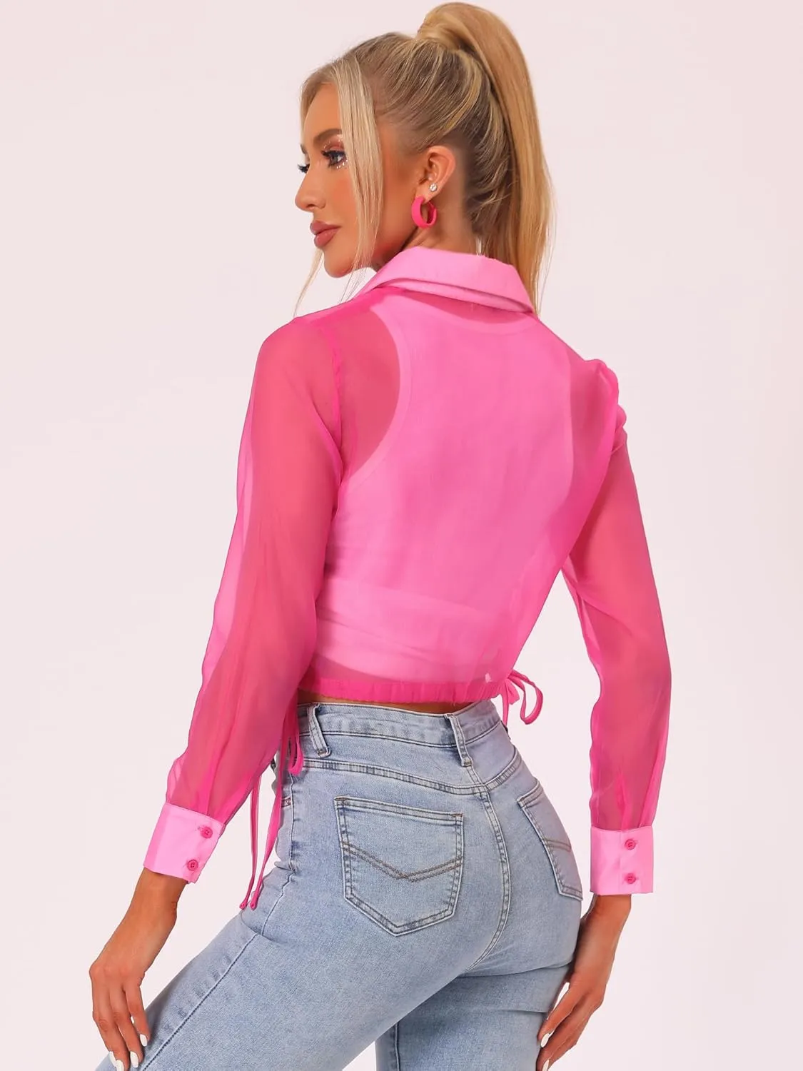 Allegra K Women's See Through Top Long Sleeve Drawstring Hem Button Down Cropped Mesh Sheer Jacket