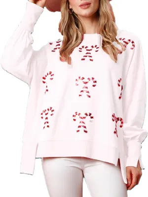 Aonoapll Women Cute Sequin Bow Sweatshirt Christmas Glitter Patch Crewneck Sweatshirts Sparkle Holiday Oversized Pullover
