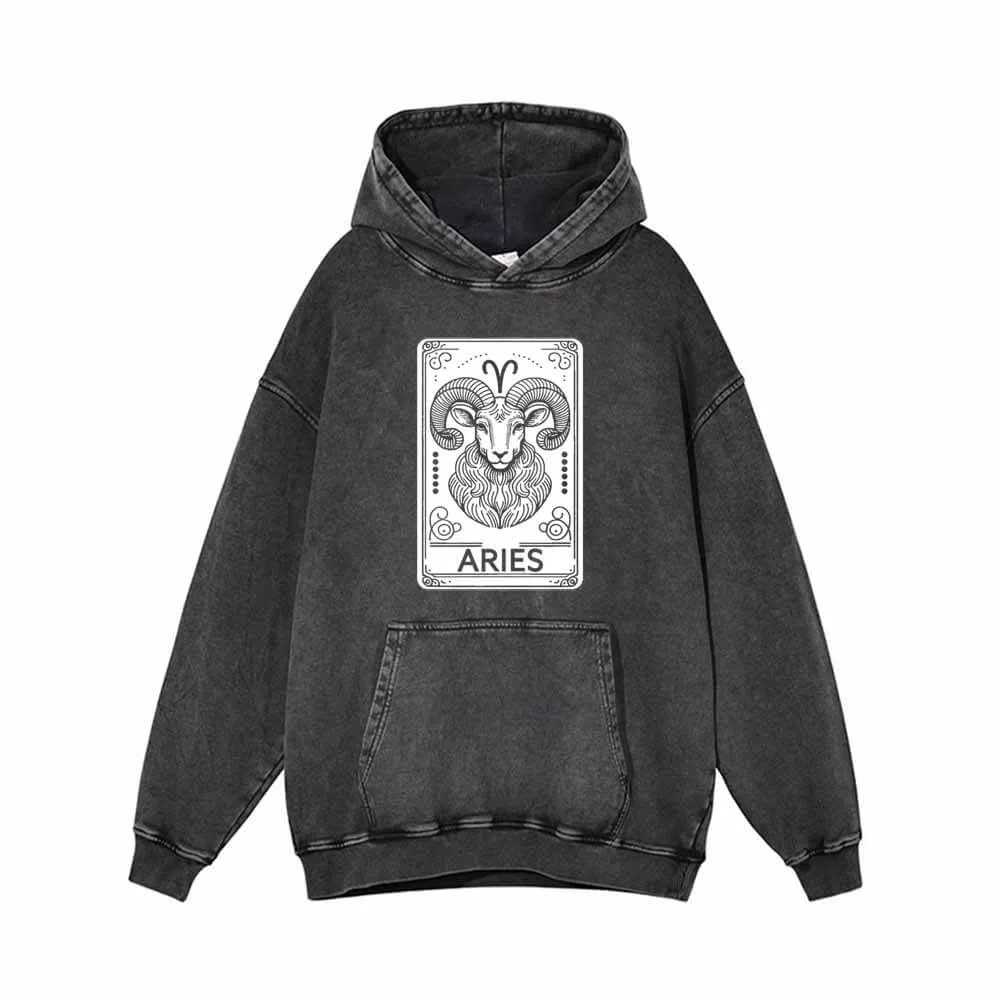 Aries Tarot Card Horoscope Vintage Washed Hoodie