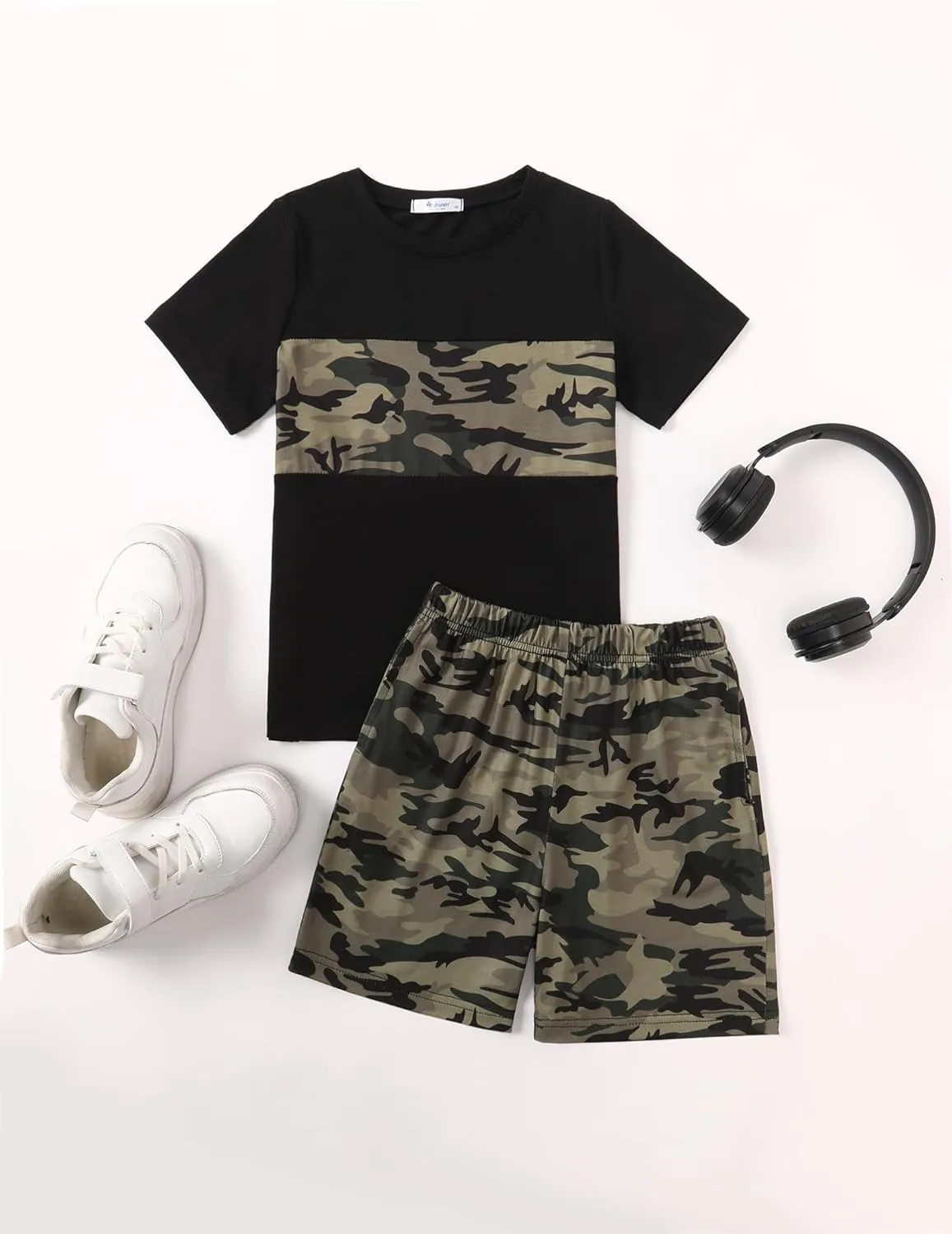 Arshiner Boys' 2-Piece Cotton Outfit Color Block T-Shirt and Shorts Set Casual Summer Clothes for Kids 6-14 Years