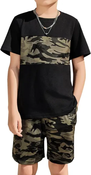 Arshiner Boys' 2-Piece Cotton Outfit Color Block T-Shirt and Shorts Set Casual Summer Clothes for Kids 6-14 Years