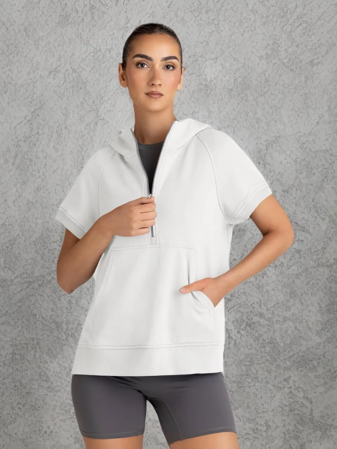 AUTOMET Oversized Hoodies for Women Short Sleeve Half zip Sweatshirt Fleece Loose Fit Pullover 2025 Fall Fashion Outfits