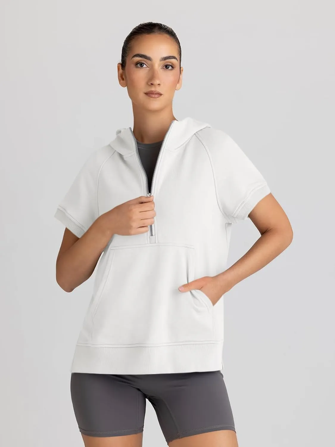 AUTOMET Oversized Hoodies for Women Short Sleeve Half zip Sweatshirt Fleece Loose Fit Pullover 2025 Fall Fashion Outfits