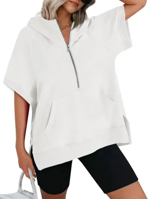 AUTOMET Oversized Hoodies for Women Short Sleeve Half zip Sweatshirt Fleece Loose Fit Pullover 2025 Fall Fashion Outfits