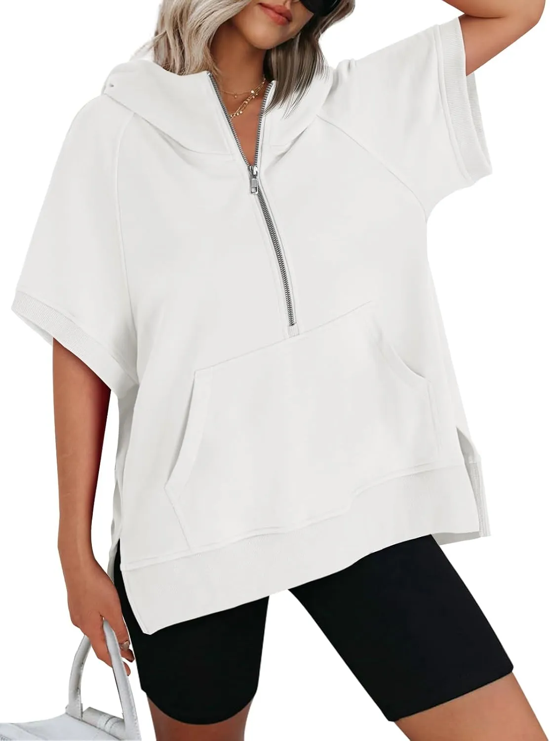 AUTOMET Oversized Hoodies for Women Short Sleeve Half zip Sweatshirt Fleece Loose Fit Pullover 2025 Fall Fashion Outfits