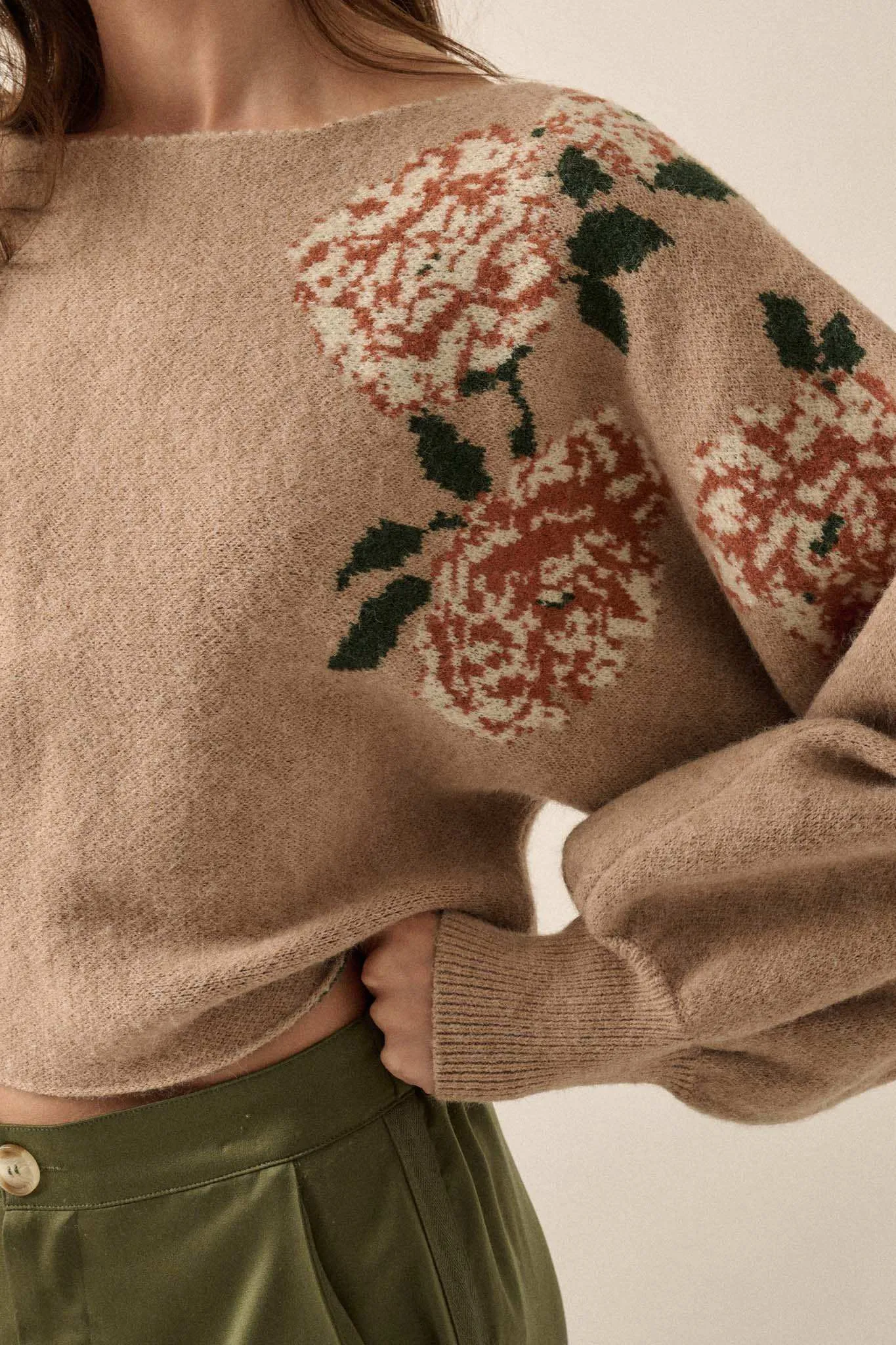 Autumn Blooms Floral Knit Boat Neck Sweater